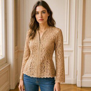 Josie Natori Lacquer Nude Lace Top NWT Zip front Semi Sheer Peplum